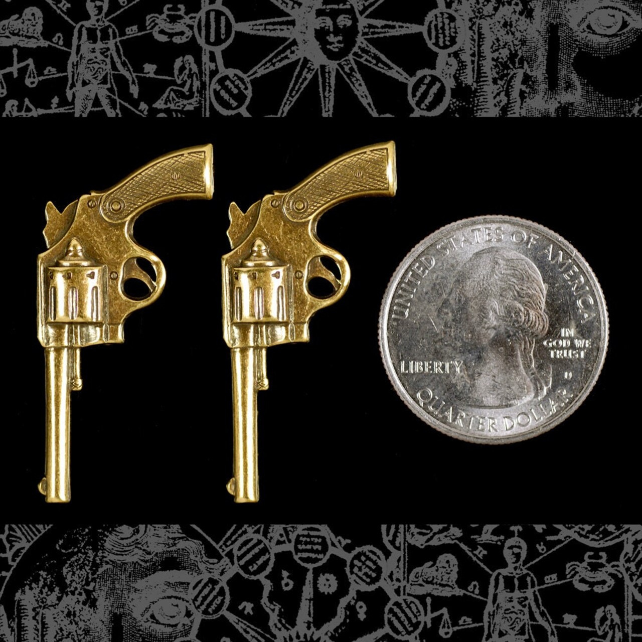 Raw Brass Medium Sized Western Gun Pendants - Set of Two - B-P76